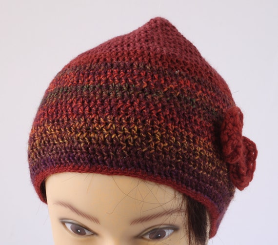 Crochet Beanie Hat With Bow, Rusty Red Brown Hat for Women  display picture 2