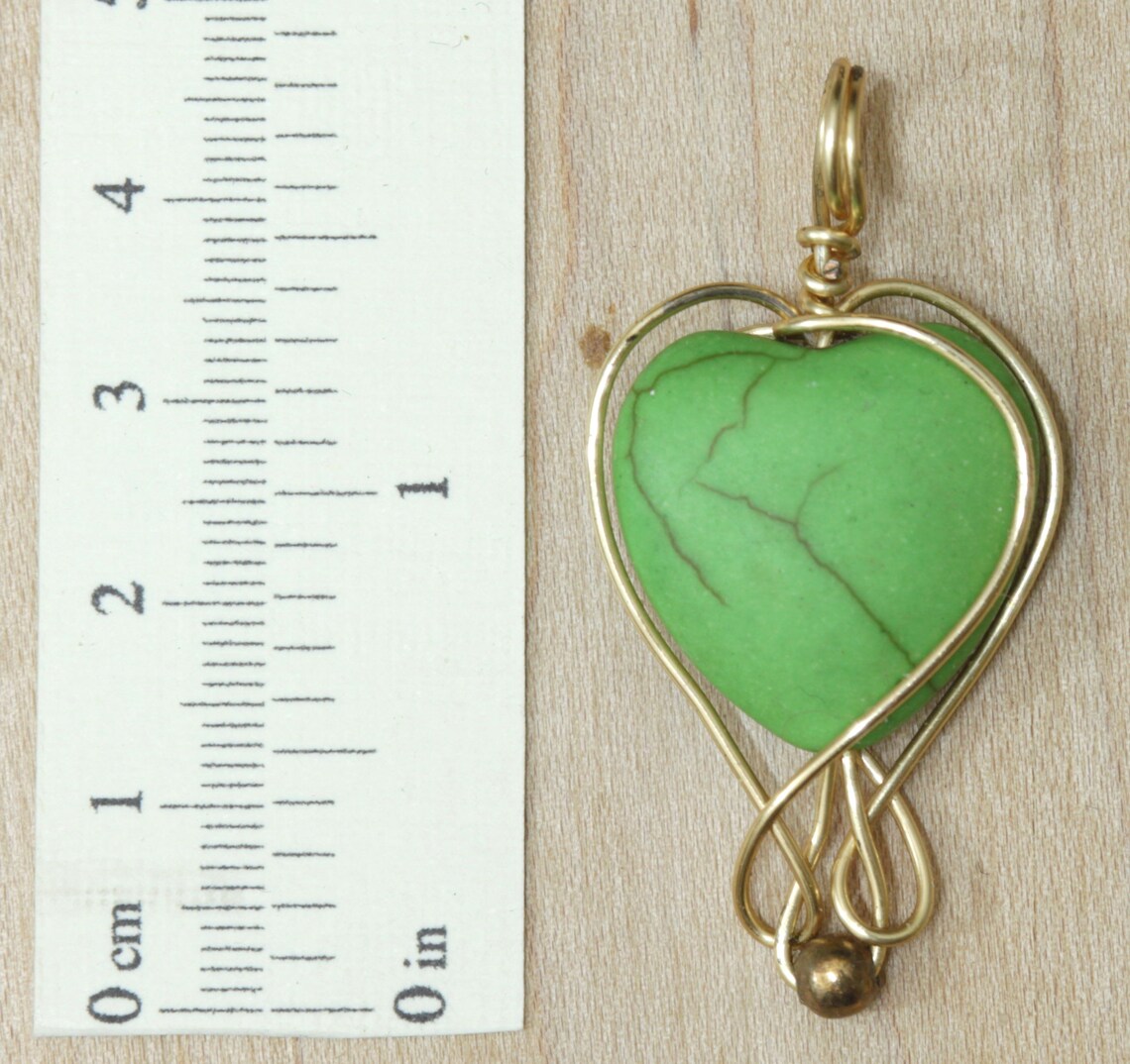 Green Heart Pendant Love Charm Gold Plated Wire Wrapping Etsy