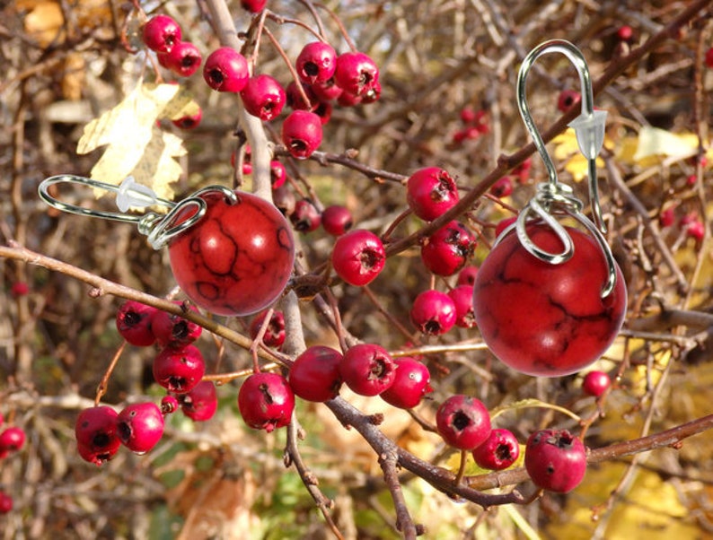 Red howlite 1 inch earrings, silver minimalist wire wrapped posts image 3