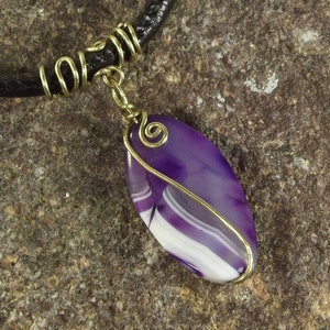 Purple agate necklace, gemstone pendant medallion, purple violet wire wrapped stone image 4