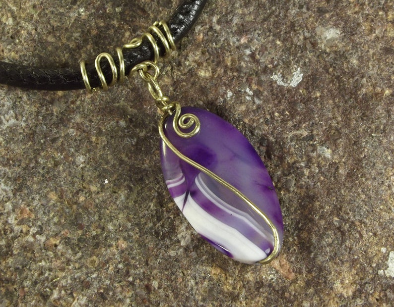 Purple agate necklace, gemstone pendant medallion, purple violet wire wrapped stone image 4