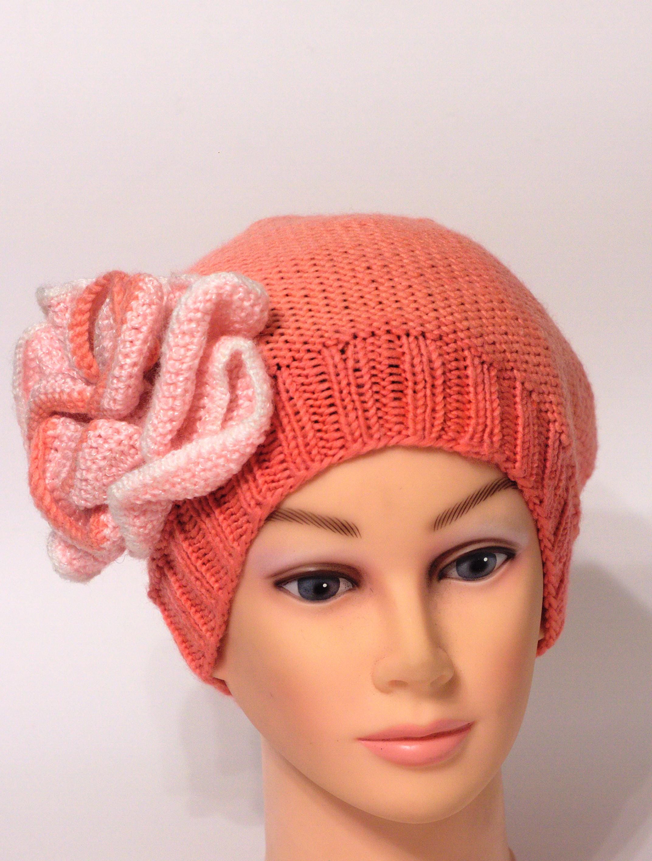 Hand-knitted Slouchy Beanie: Peach Coral Hat With Applique 