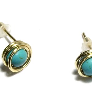 Turquoise gold stud earrings, wire wrapped minimalist earrings for women or men, small dainty stone studs gold plated, mens stud earrings image 3