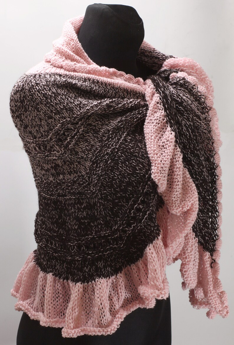 Shawl wrap up with frill, pink brown knitted warmer, breastfeeding cover image 1
