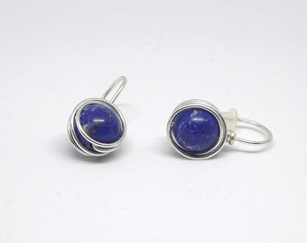 Wire wrapped earrings lapis lazuli, minimalist blue earrings, positive energy natural stone posts