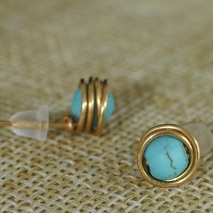 Turquoise gold stud earrings, wire wrapped minimalist earrings for women or men, small dainty stone studs gold plated, mens stud earrings image 4