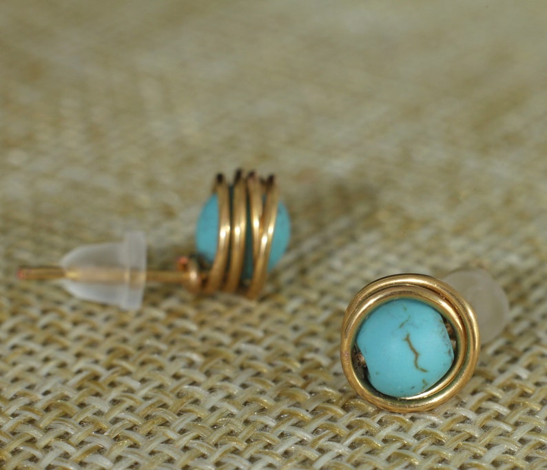 Turquoise gold stud earrings, wire wrapped minimalist earrings for women or men, small dainty stone studs gold plated, mens stud earrings image 4