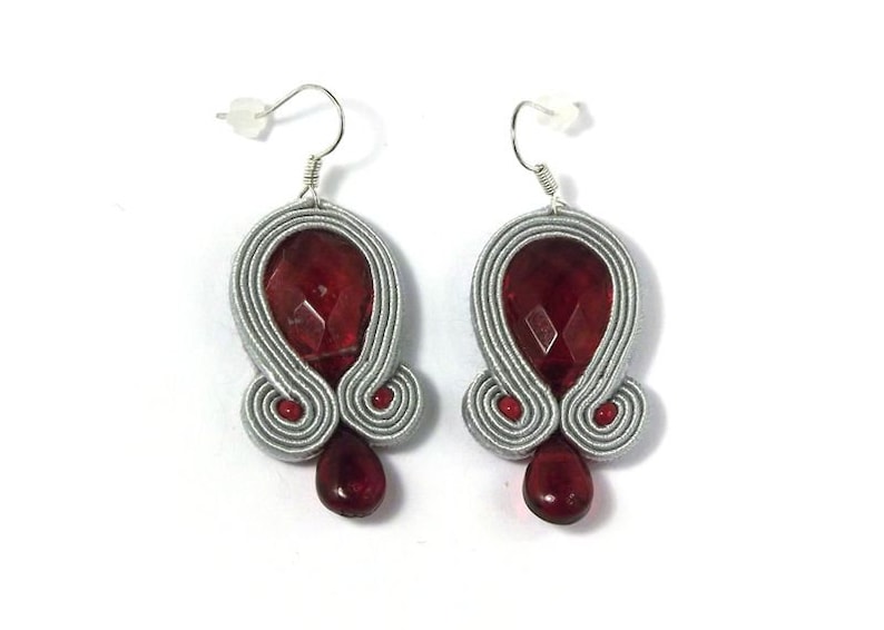 Dangle drop soutache embroidery earrings, red elegant and original anniversary jewelry, unique handmade Christmas holidays fashion earrings image 1