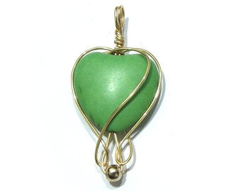 Green heart pendant, love charm, gold plated wire wrapping, minimalism