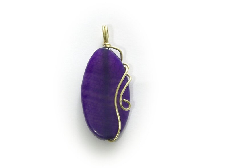 Pendentif violet de collier dagate, pierre naturelle enveloppée de fil, emballage en laiton de fil image 1