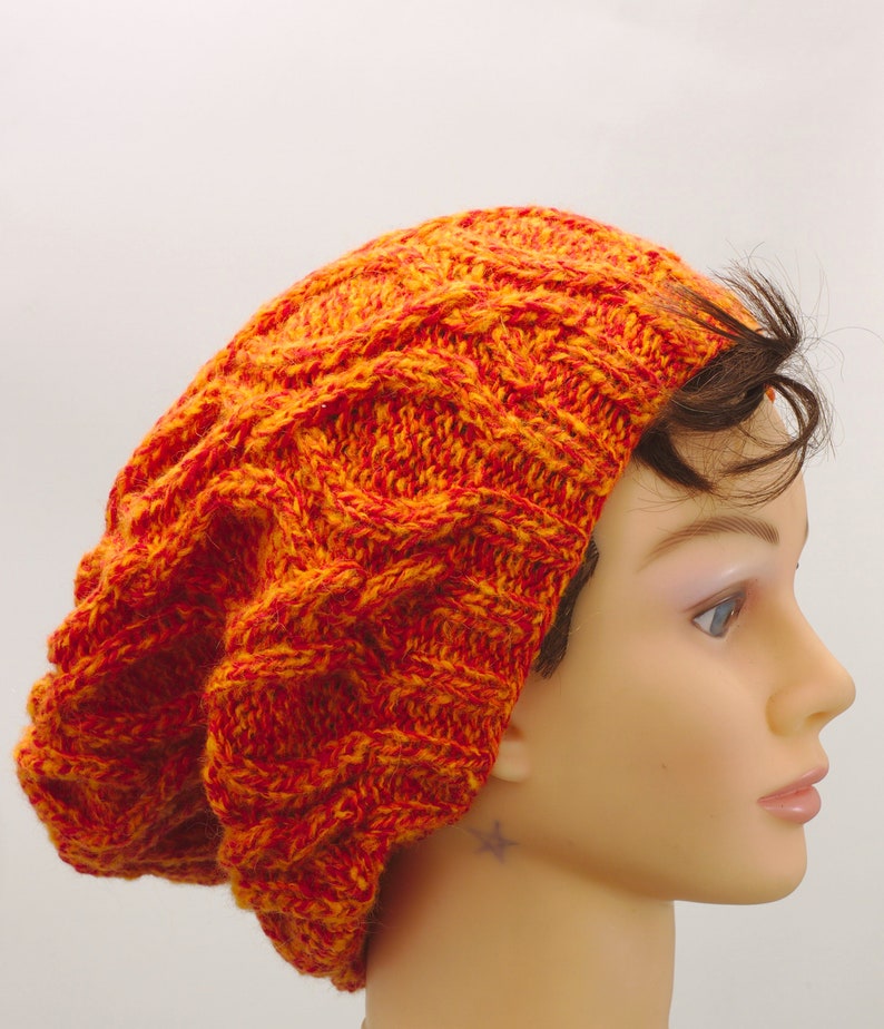Slouchy orange cable hat, winter hand knitted head warmer image 3