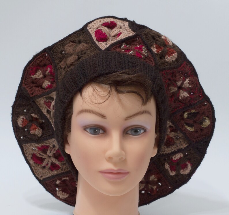 Crochet Boho Beret Warm Hat for Woman Brown Red Squares Etsy