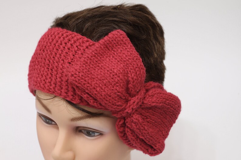 Red headband with bow, knitted fancy warmer, adjustable hairband image 8