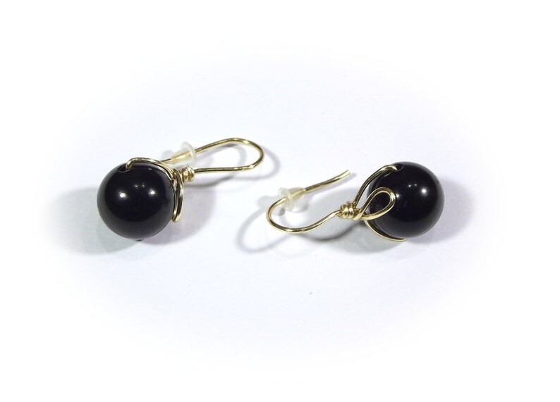 Black onyx minimalist earrings, elegant wire wrapped jewelry image 1