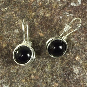 Earrings black onyx in silver wire, natural gemstone wire wrapped, stylish office jewelry image 2