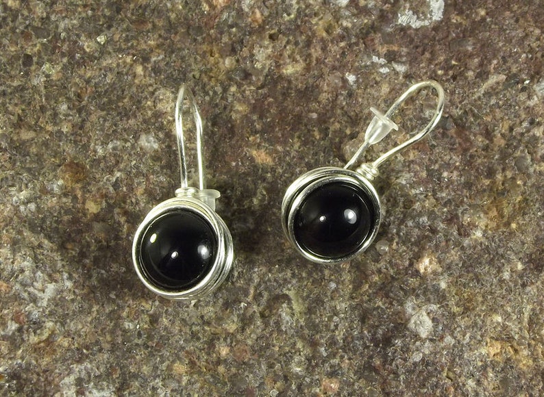 Earrings black onyx in silver wire, natural gemstone wire wrapped, stylish office jewelry image 2