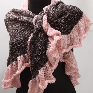 Shawl wrap up with frill, pink brown knitted warmer, breastfeeding cover image 5