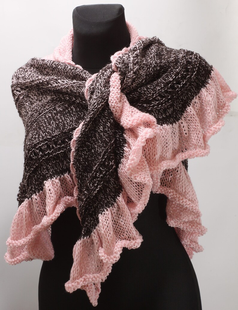 Shawl wrap up with frill, pink brown knitted warmer, breastfeeding cover image 5