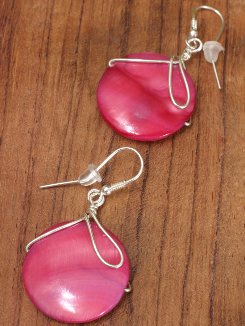 Pink dangle earrings, MOP wire wrapped summer party jewelry image 5