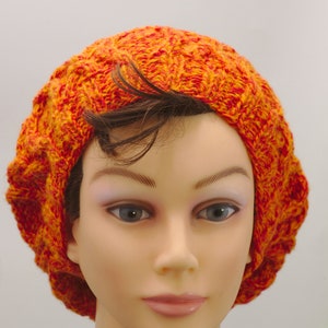 Slouchy orange cable hat, winter hand knitted head warmer image 4