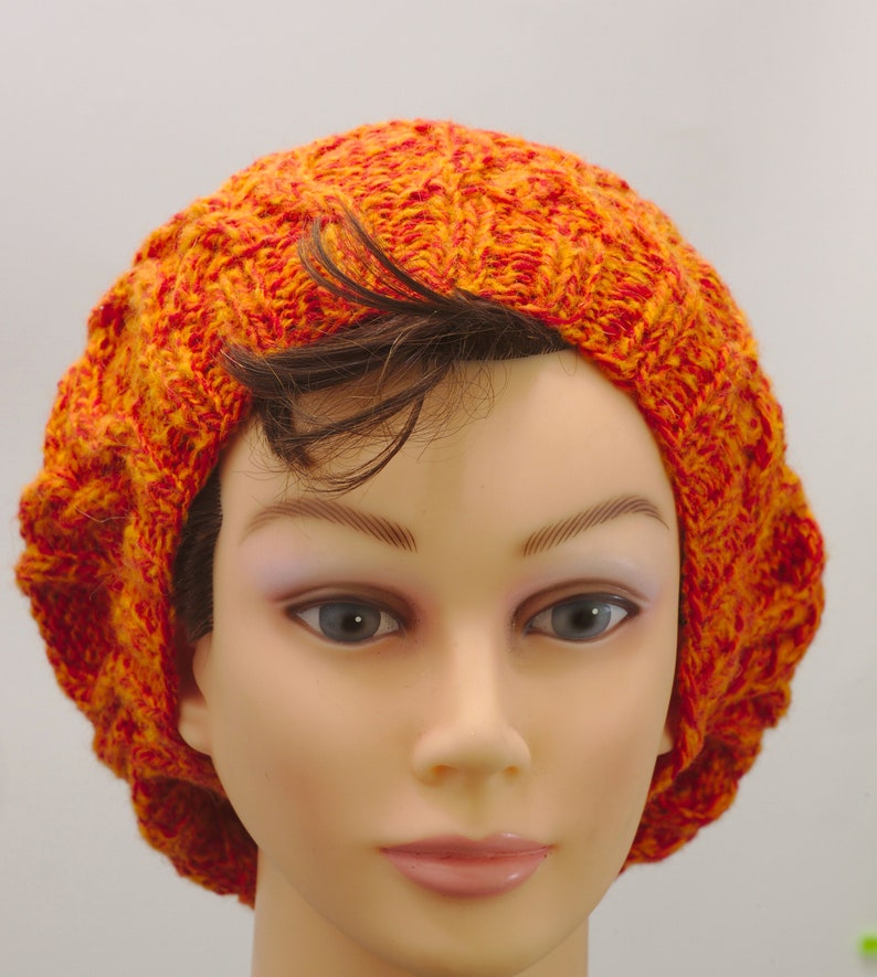 Slouchy orange cable hat, winter hand knitted head warmer image 4