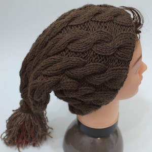 Può includere: Un cappello di lana marrone con una lunga coda intrecciata. Il cappello ha un motivo a treccia e viene mostrato su un manichino.