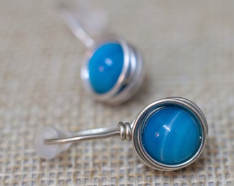 Blaue Achat Ohrringe, drahtwickeln minimalistischer Schmuck