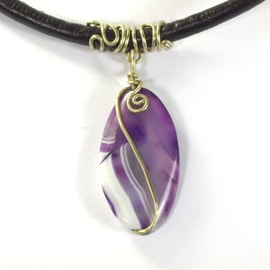 Purple agate necklace, gemstone pendant medallion, purple violet wire wrapped stone image 1