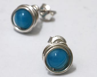 Blue agate stud earrings, wire wrapped small earrings, natural stone gift idea