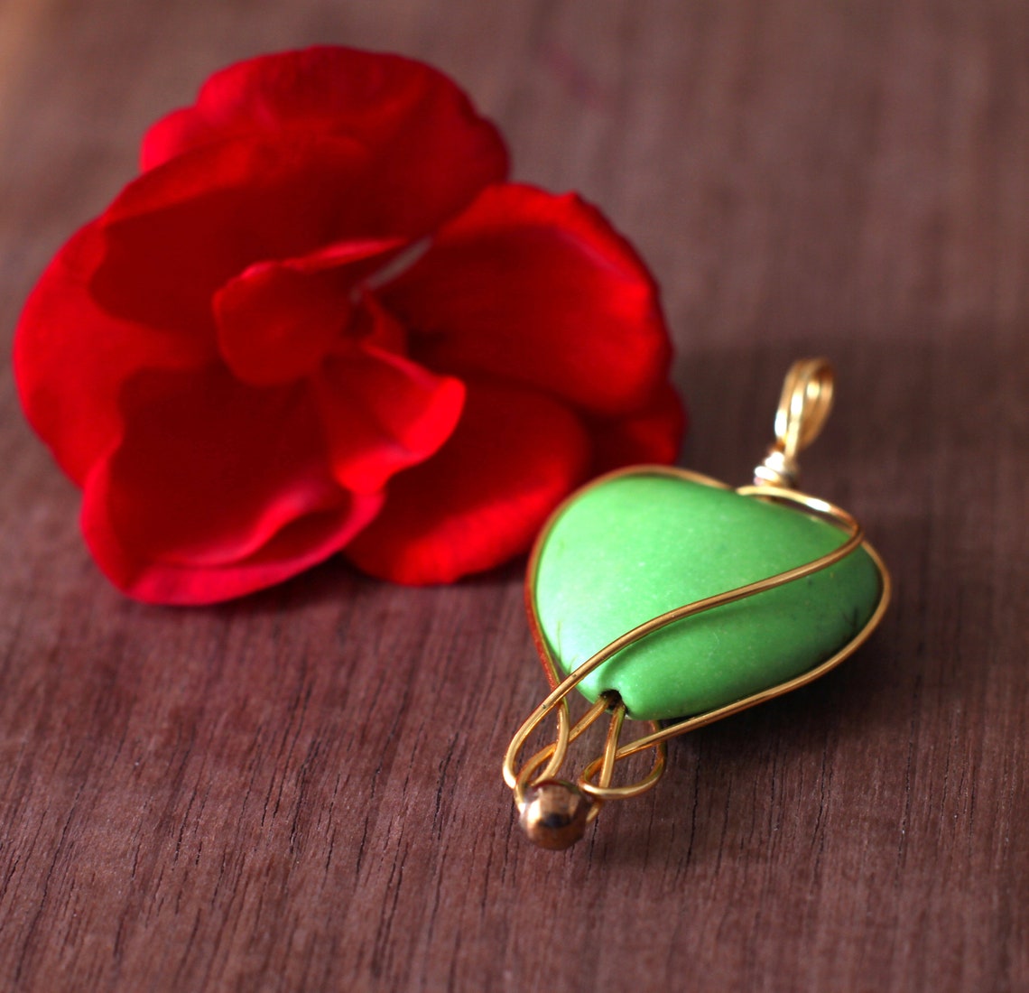 Green Heart Pendant Love Charm Gold Plated Wire Wrapping Etsy