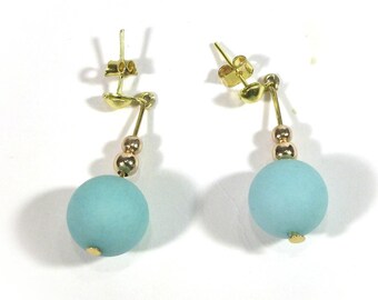 Blue jade dangle drop earrings, blue matte jade studs