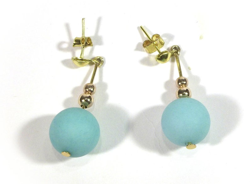 Blue jade dangle drop earrings, blue matte jade studs image 1