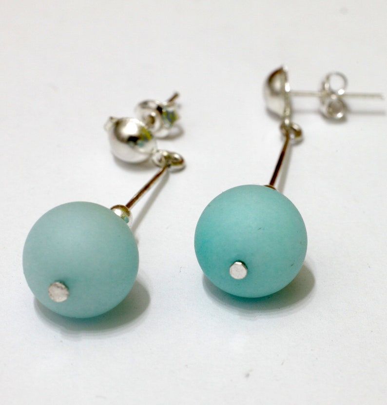 Pastel blue earrings, long drop sterling silver stud earrings, dangle screw back studs, light blue gemstone ball minimalist dangle earrings imagem 5