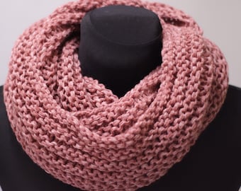 Pink knitted loop shawl, infinity scarf, cowl neck warmer snood