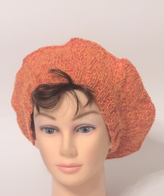 French Beret, Elegant Orange Fall Hat, Slouchy Hand Knit  display picture 2