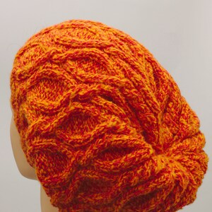 Slouchy orange cable hat, winter hand knitted head warmer image 5