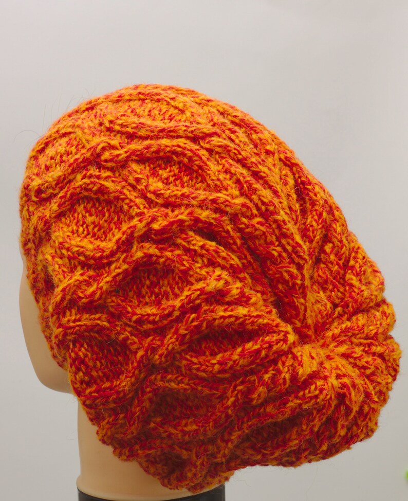 Slouchy orange cable hat, winter hand knitted head warmer image 5