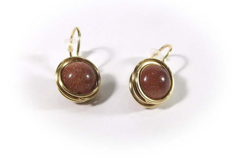 Earrings gold plated wire and goldstone, fall earrings, wire wrapped minimalist jewelry, chakra stone and color therapy image 1