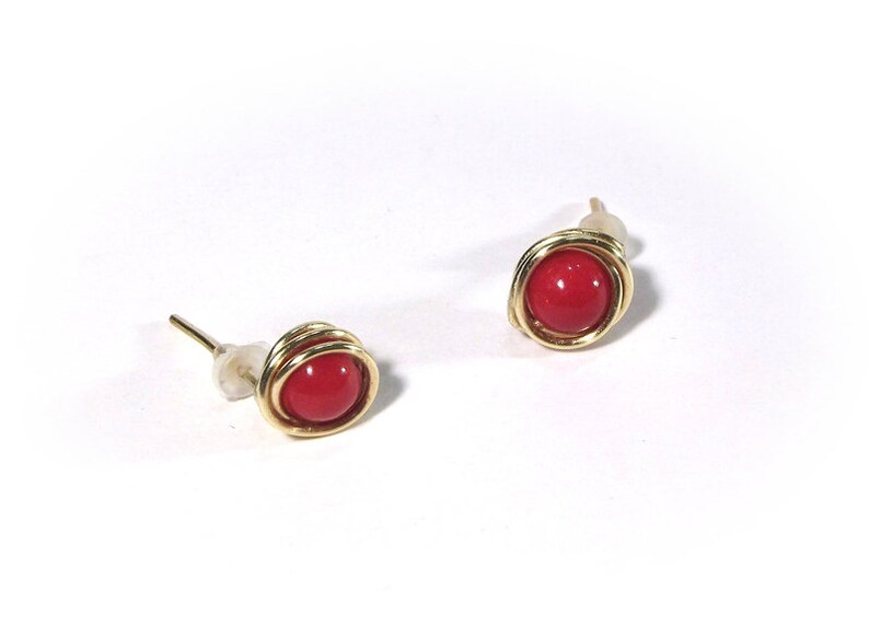 Red gold stud earrings, minimalist wire wrapped small studs image 1