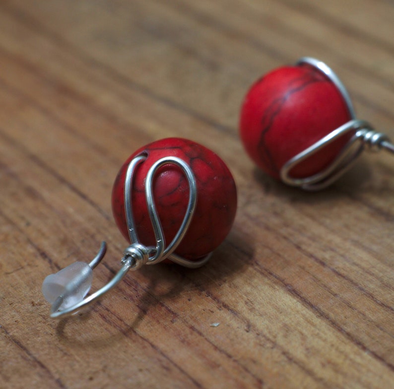 Red howlite 1 inch earrings, silver minimalist wire wrapped posts image 2