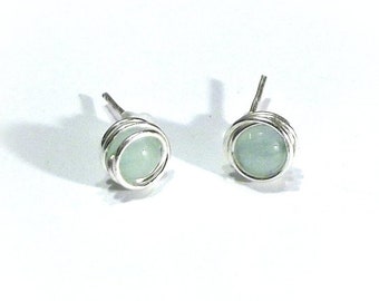 Earrings studs jade, wire wrapped stone, minimalistic jewellery