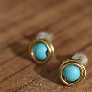 Turquoise gold stud earrings, wire wrapped minimalist earrings for women or men, small dainty stone studs gold plated, mens stud earrings image 5