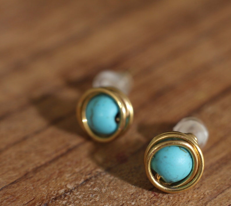 Turquoise gold stud earrings, wire wrapped minimalist earrings for women or men, small dainty stone studs gold plated, mens stud earrings image 5