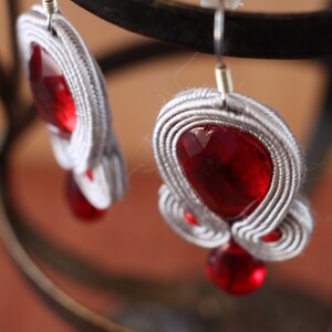 Dangle drop soutache embroidery earrings, red elegant and original anniversary jewelry, unique handmade Christmas holidays fashion earrings image 7