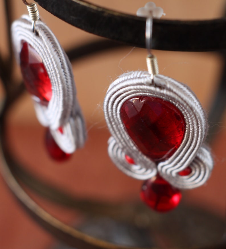 Dangle drop soutache embroidery earrings, red elegant and original anniversary jewelry, unique handmade Christmas holidays fashion earrings image 7