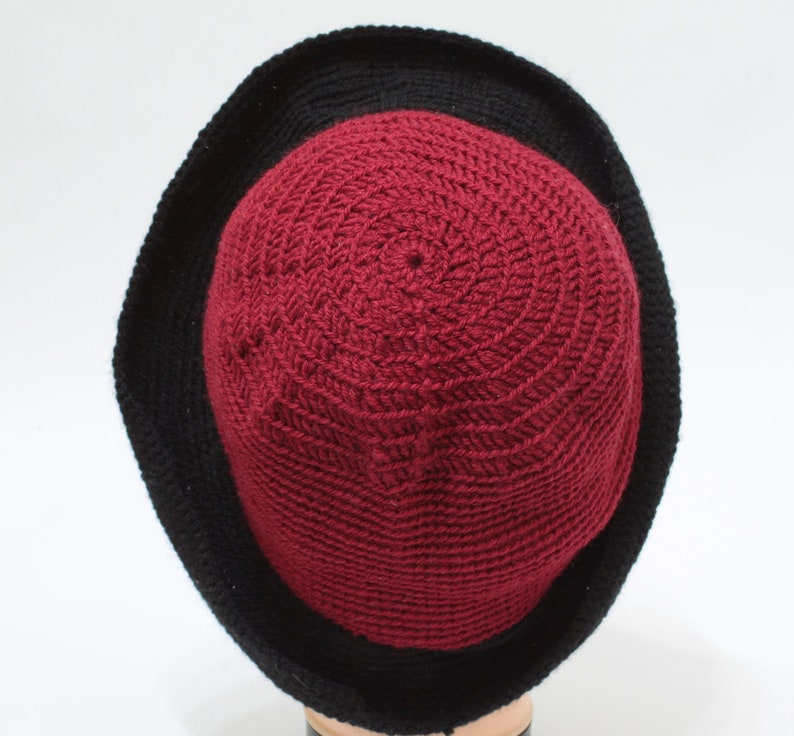 Red cloche crochet hat, winter warm hat, red and black boho hat image 5