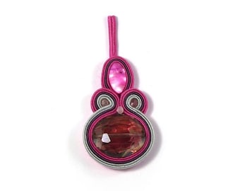 Pink soutache necklace pendant, pink red medallion