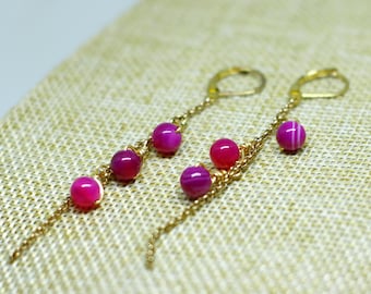 Long dangle chain earrings, pink agate fuchsia, wedding drop earrings