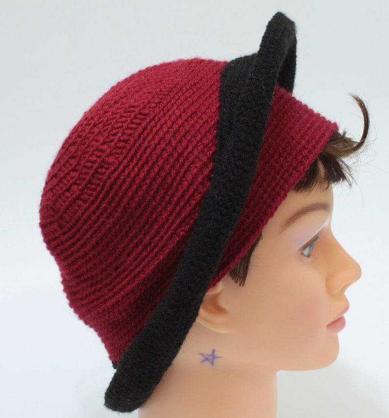 Red cloche crochet hat, winter warm hat, red and black boho hat image 4