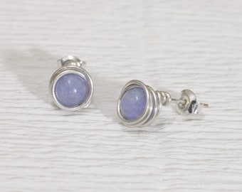 Earrings studs aquamarine, wire wrapped stone, minimalistic jewellery